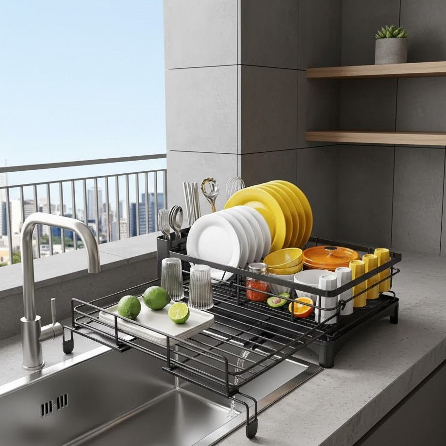 KITCHENDRY - Grand égouttoir à vaisselle avec plateau de récupération intégré conçu pour un séchage efficace, la protection du plan de travail et un rangement organisé de la cuisine