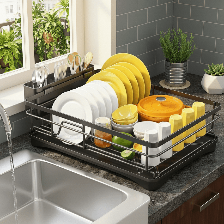 KITCHENDRY - Grand égouttoir à vaisselle avec plateau de récupération intégré conçu pour un séchage efficace, la protection du plan de travail et un rangement organisé de la cuisine