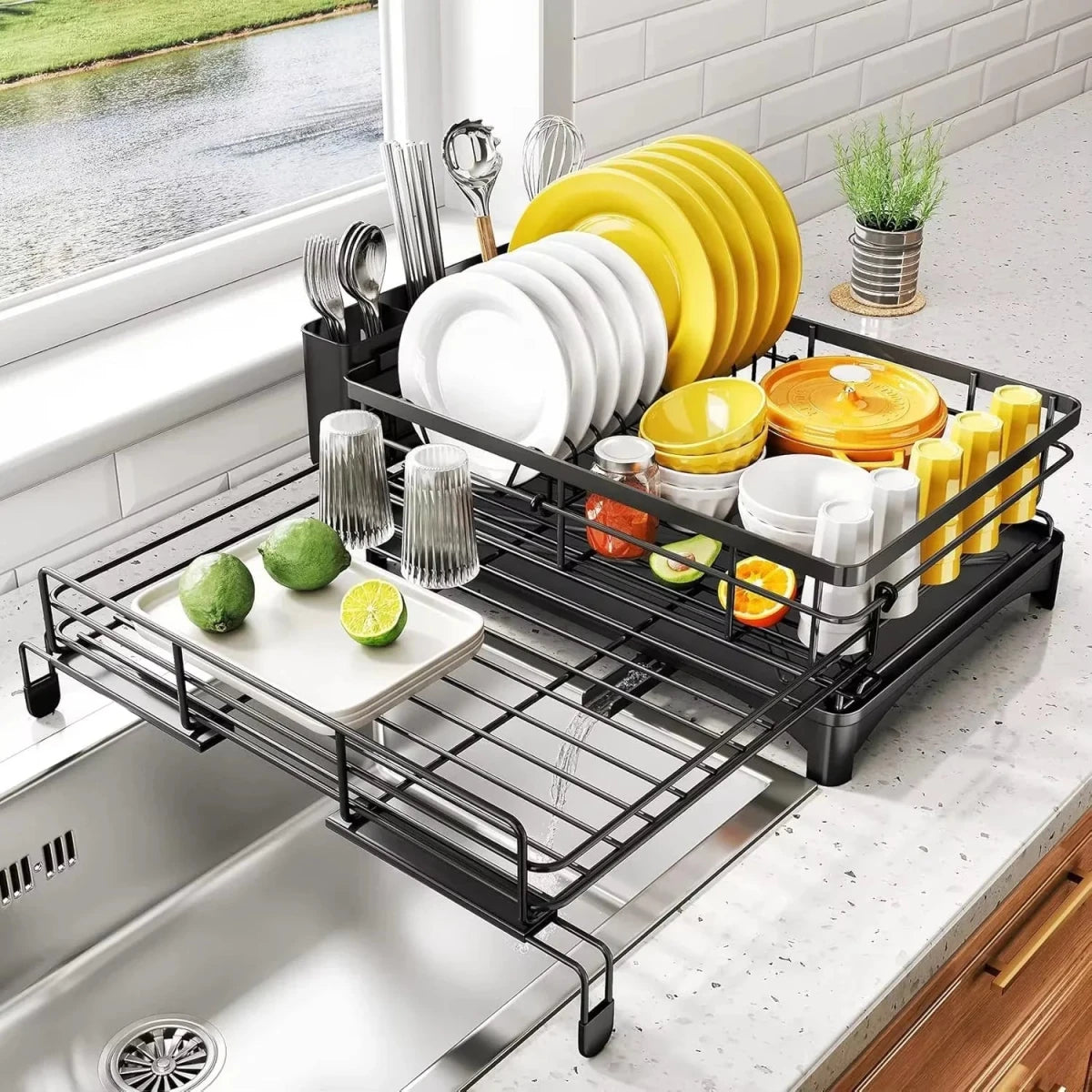 KITCHENDRY - Grand égouttoir à vaisselle avec plateau de récupération intégré conçu pour un séchage efficace, la protection du plan de travail et un rangement organisé de la cuisine