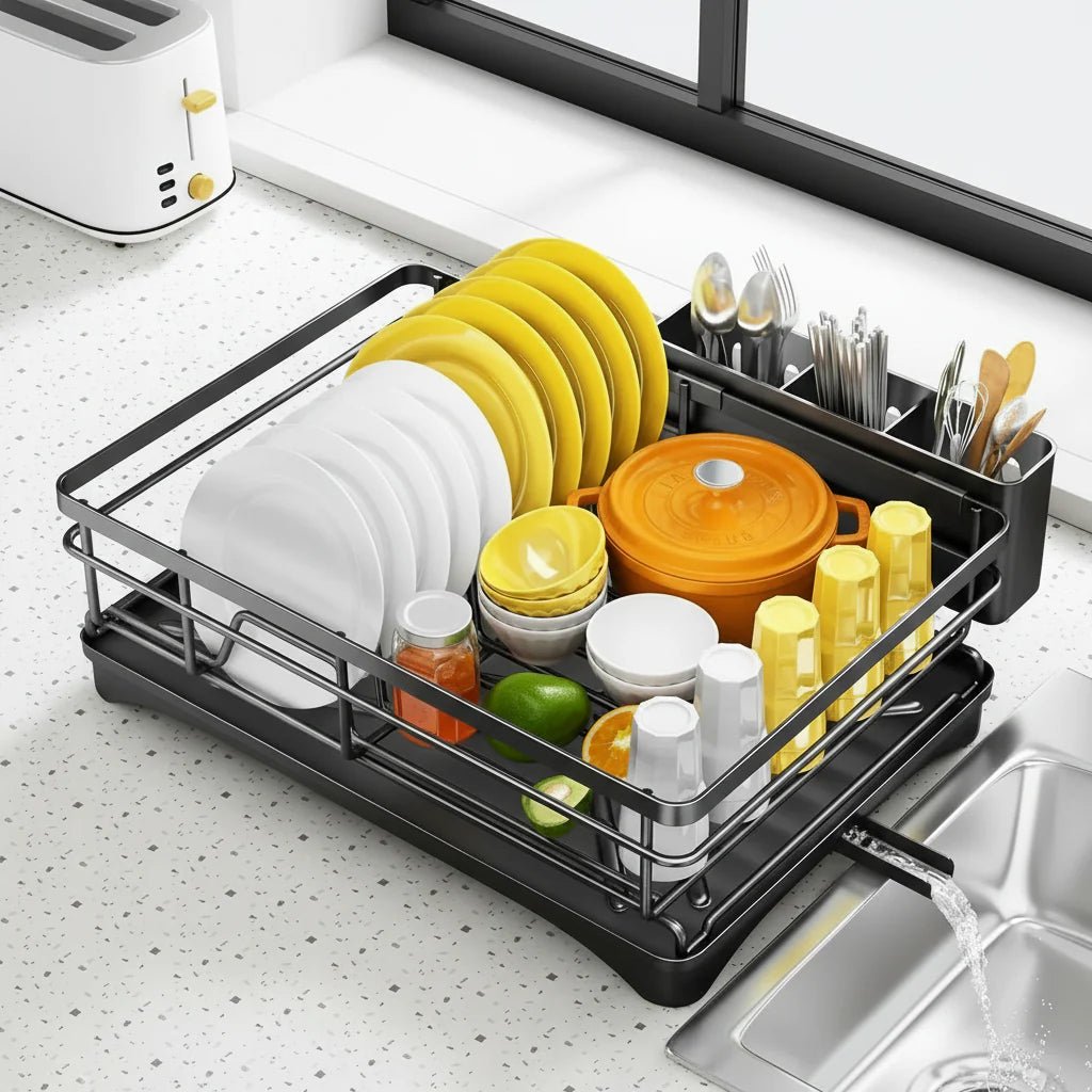 KITCHENDRY - Grand égouttoir à vaisselle avec plateau de récupération intégré conçu pour un séchage efficace, la protection du plan de travail et un rangement organisé de la cuisine