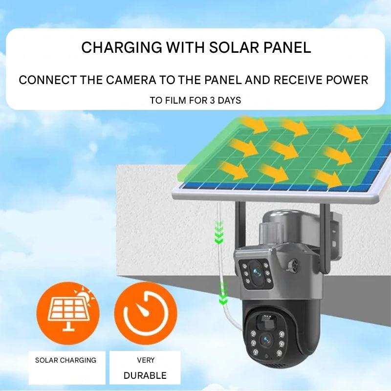 SKYSENTINEL – Caméra de Sécurité Sans Fil 4K avec Double Objectif et Panneau Solaire