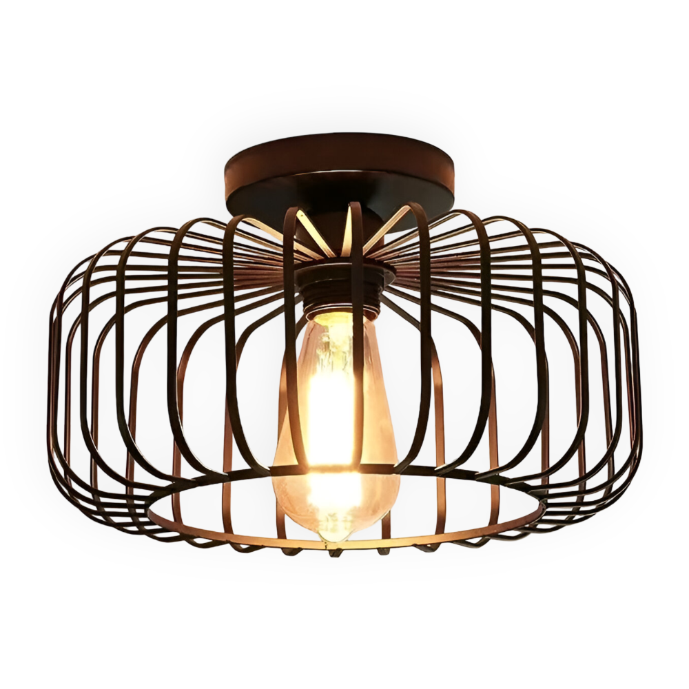 CageNova – Lampe de Plafond Industrielle en Métal Noir avec Design en Cage