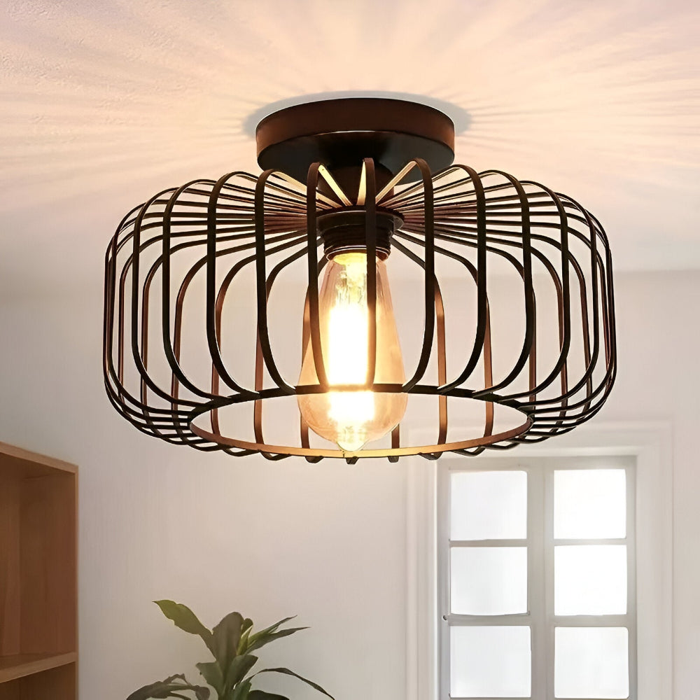 CageNova – Lampe de Plafond Industrielle en Métal Noir avec Design en Cage