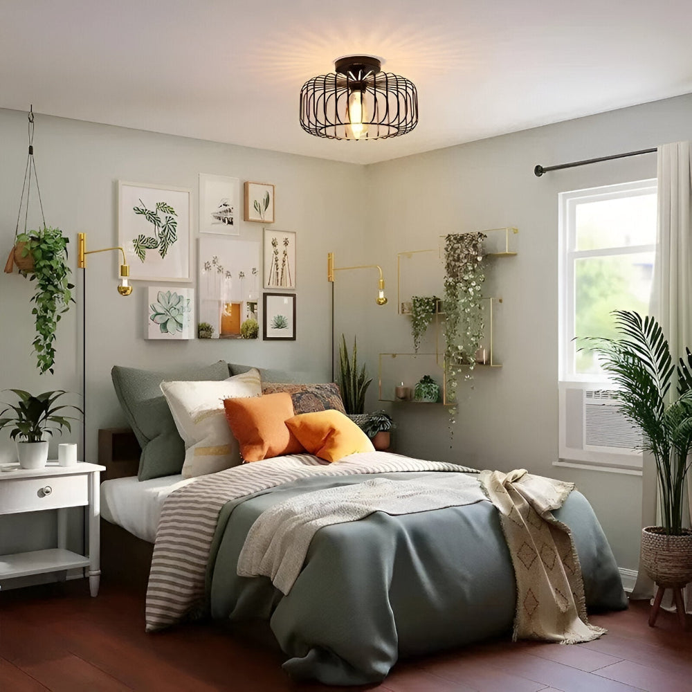 CageNova – Lampe de Plafond Industrielle en Métal Noir avec Design en Cage