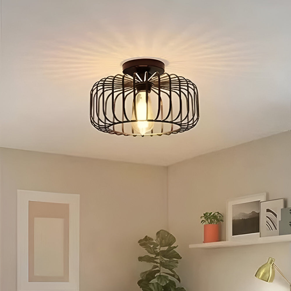 CageNova – Lampe de Plafond Industrielle en Métal Noir avec Design en Cage