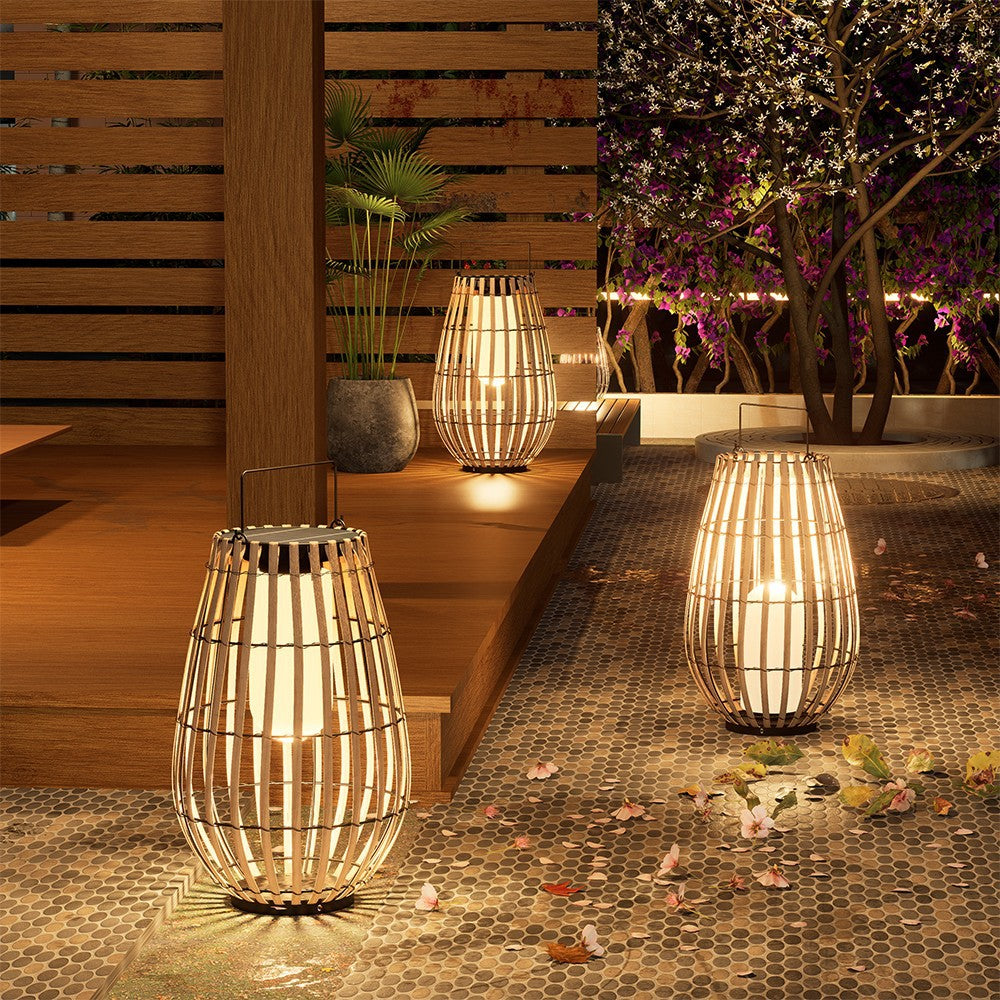 Lampe de sol en rotin solaire d'extérieur | Décoration d'éclairage de patio et de jardin imperméable tissée à la main