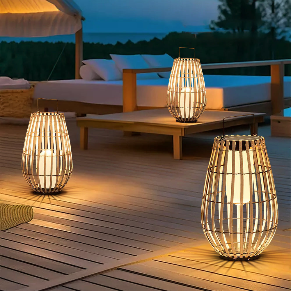 Lampe de sol en rotin solaire d'extérieur | Décoration d'éclairage de patio et de jardin imperméable tissée à la main