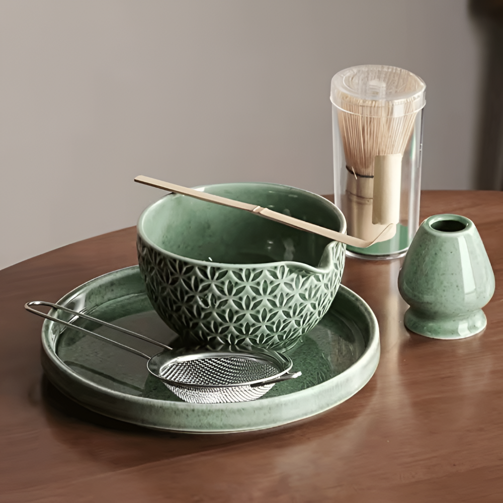 Ensemble de Thé Matcha Premium Japonais – Accessoires en Céramique et Bambou pour Cérémonies de Thé Authentiques – Comprend un Bol à Matcha de 500ml, un Fouet et un Tamiseur, 5/6 pièces