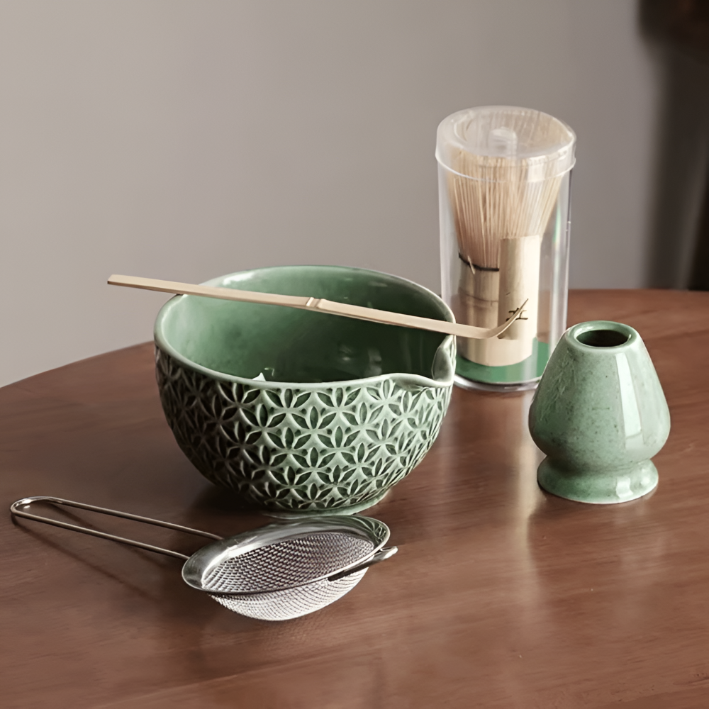 Ensemble de Thé Matcha Premium Japonais – Accessoires en Céramique et Bambou pour Cérémonies de Thé Authentiques – Comprend un Bol à Matcha de 500ml, un Fouet et un Tamiseur, 5/6 pièces