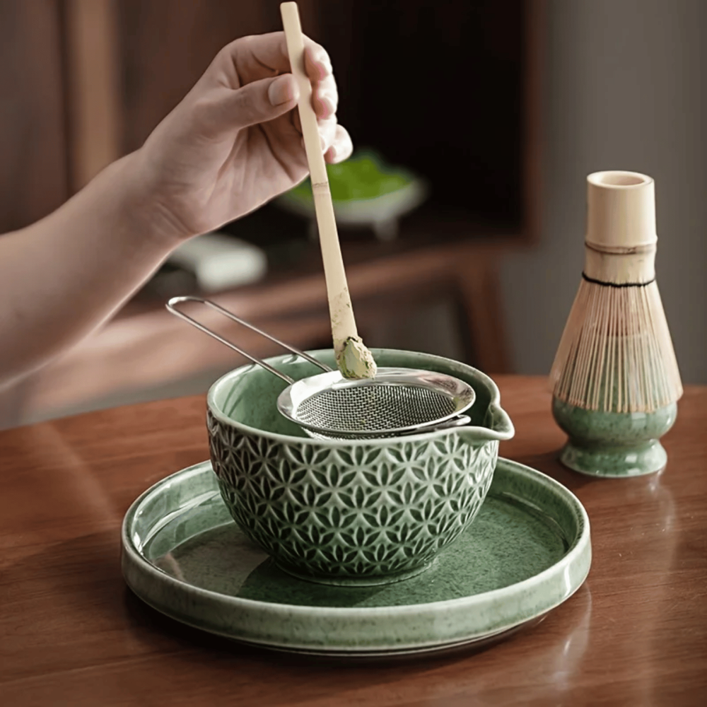 Ensemble de Thé Matcha Premium Japonais – Accessoires en Céramique et Bambou pour Cérémonies de Thé Authentiques – Comprend un Bol à Matcha de 500ml, un Fouet et un Tamiseur, 5/6 pièces