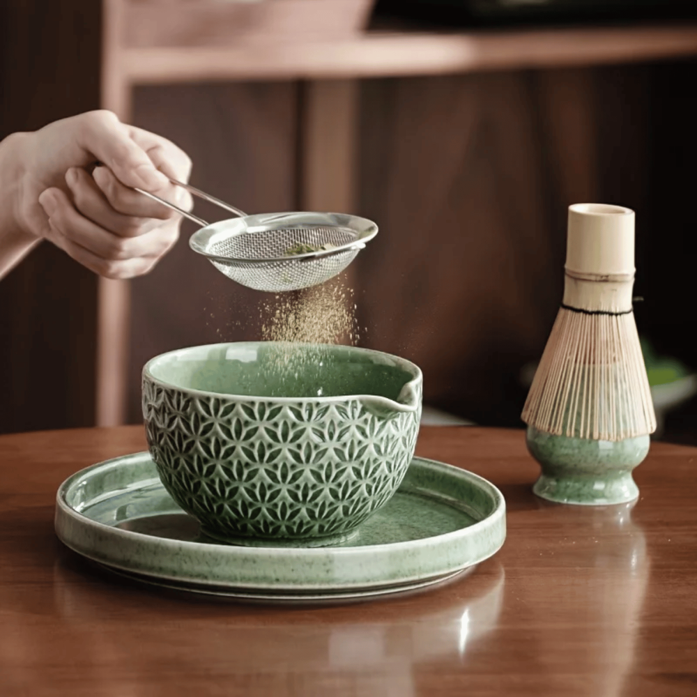 Ensemble de Thé Matcha Premium Japonais – Accessoires en Céramique et Bambou pour Cérémonies de Thé Authentiques – Comprend un Bol à Matcha de 500ml, un Fouet et un Tamiseur, 5/6 pièces