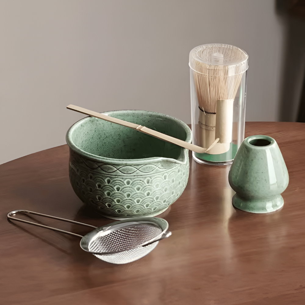 Ensemble de Thé Matcha Premium Japonais – Accessoires en Céramique et Bambou pour Cérémonies de Thé Authentiques – Comprend un Bol à Matcha de 500ml, un Fouet et un Tamiseur, 5/6 pièces