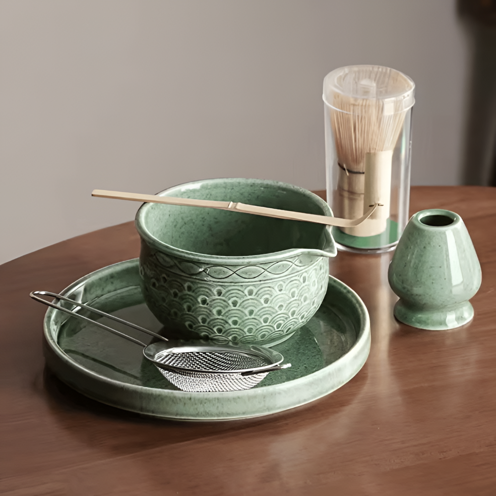 Ensemble de Thé Matcha Premium Japonais – Accessoires en Céramique et Bambou pour Cérémonies de Thé Authentiques – Comprend un Bol à Matcha de 500ml, un Fouet et un Tamiseur, 5/6 pièces