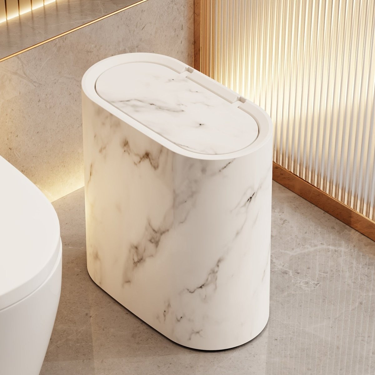 MARBLEX - Poubelle élégante en marbre à motif ovale conçue pour des intérieurs modernes avec une fonctionnalité compacte et stylée au quotidien