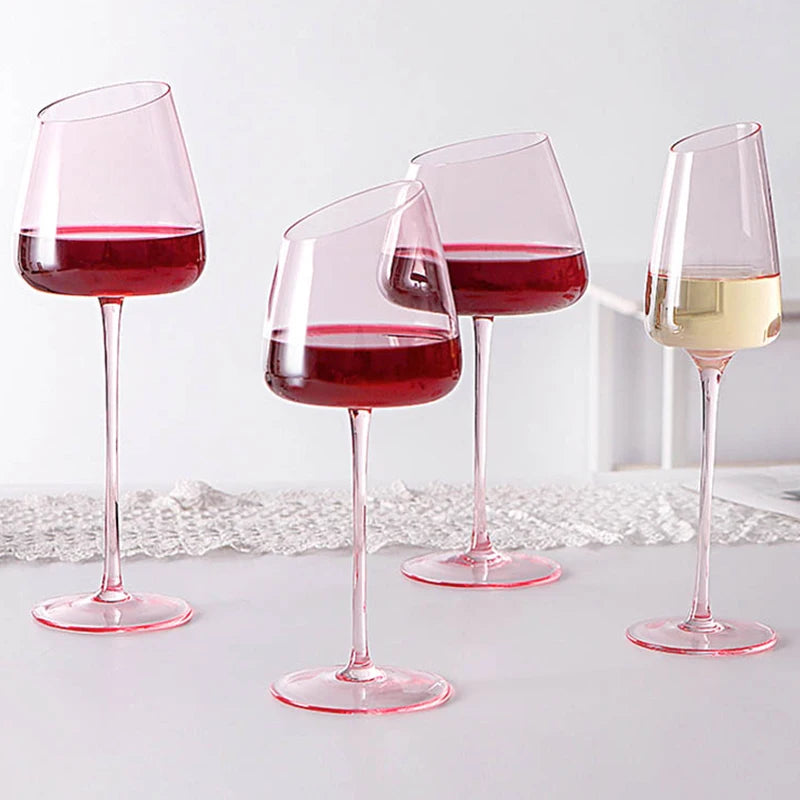 Ensemble élégant de 2 verres à vin en cristal rose - soufflés à la bouche avec un design créatif pour les occasions festives