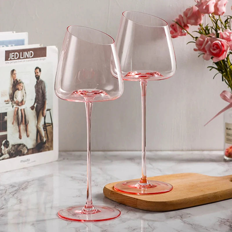 Ensemble élégant de 2 verres à vin en cristal rose - soufflés à la bouche avec un design créatif pour les occasions festives