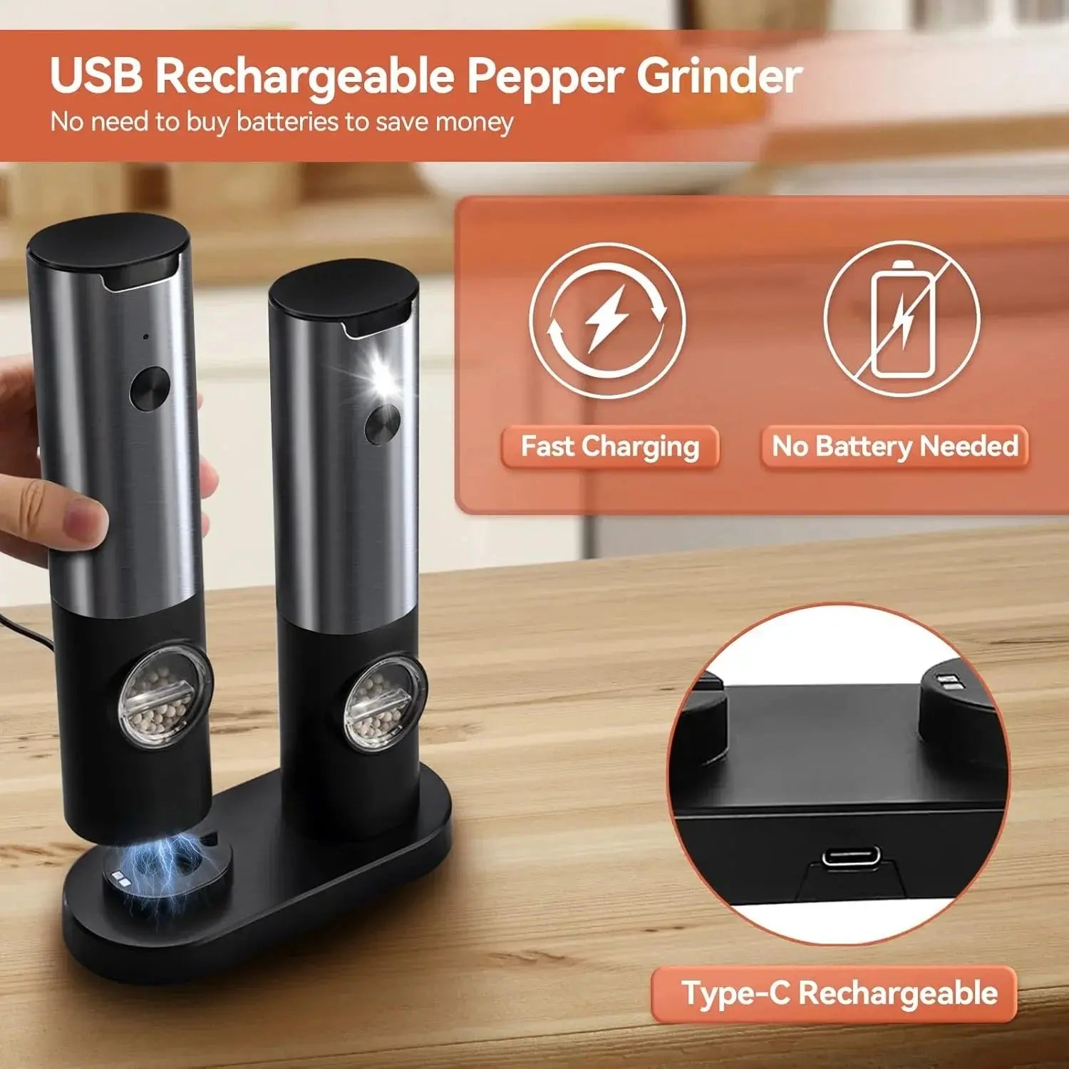 Ensemble de moulins à épices électriques avec station de charge USB-C