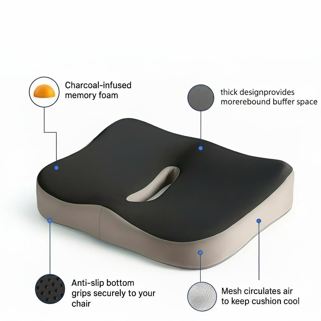 Coussin de siège de bureau en mousse à mémoire ergonomique | Soulagement du bas du dos | Antidérapant | PosturaNest