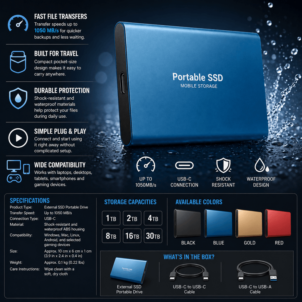 Disque SSD Externe Portable USB C Haute Vitesse Étanche