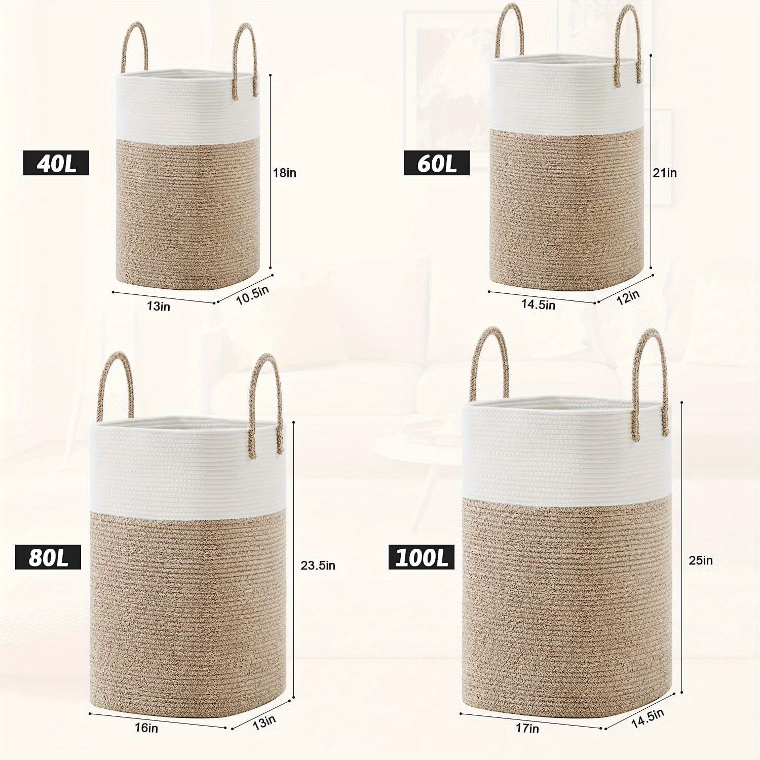 Grand panier à linge 100L en coton tissé – panier de rangement élégant