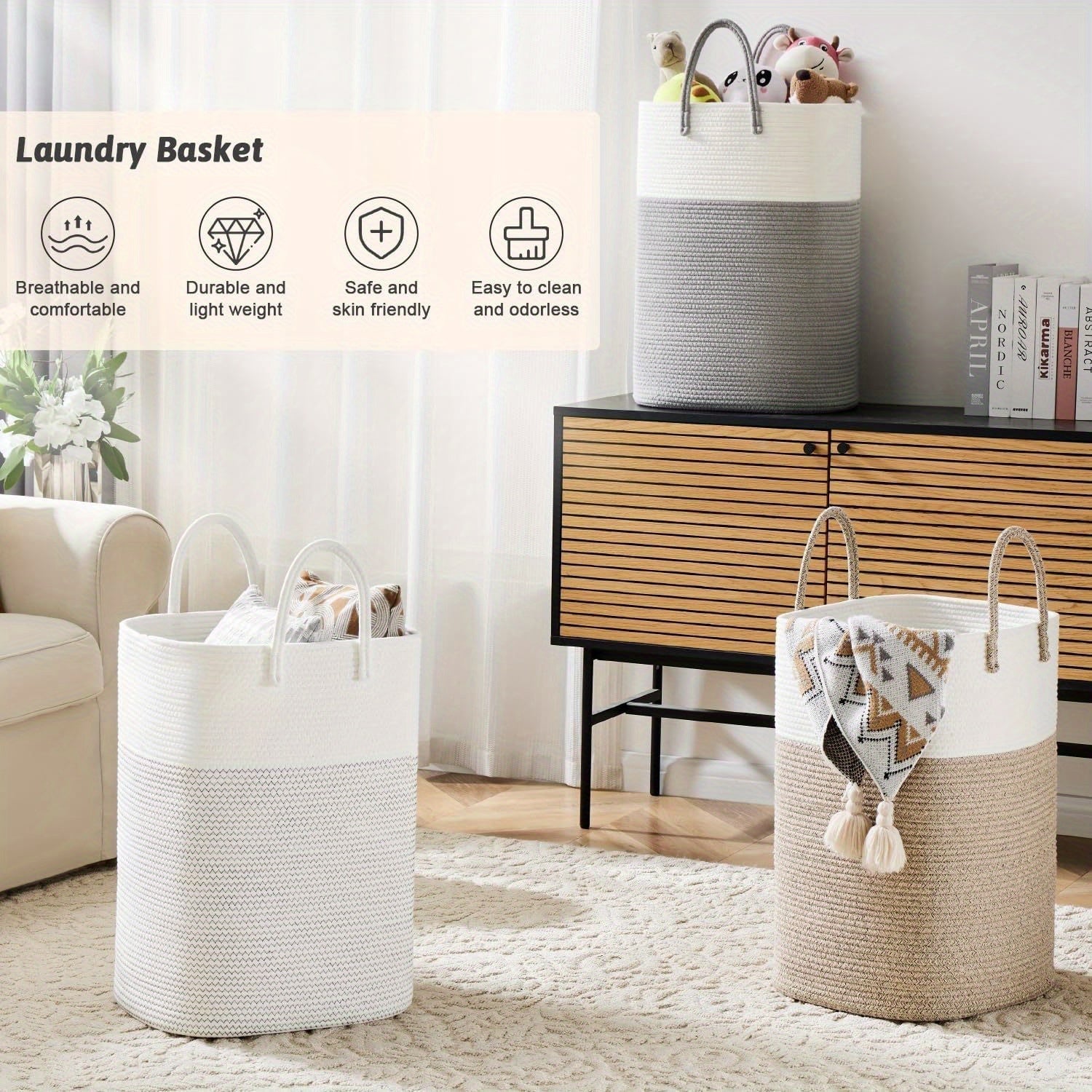 Grand panier à linge 100L en coton tissé – panier de rangement élégant