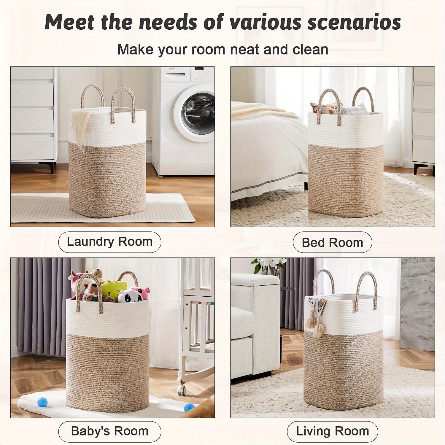 Grand panier à linge 100L en coton tissé – panier de rangement élégant
