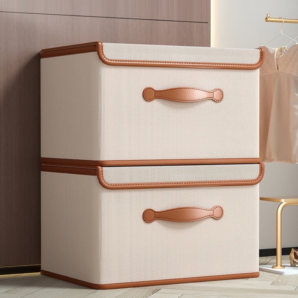 Boîte de rangement pliable avec couvercle et poignées en cuir