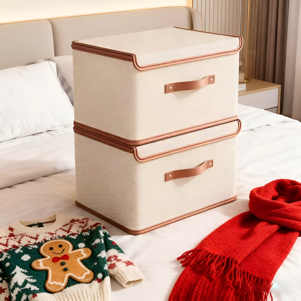 Boîte de rangement pliable avec couvercle et poignées en cuir