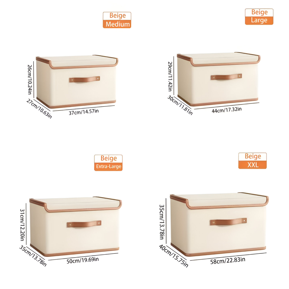 Boîte de rangement pliable avec couvercle et poignées en cuir