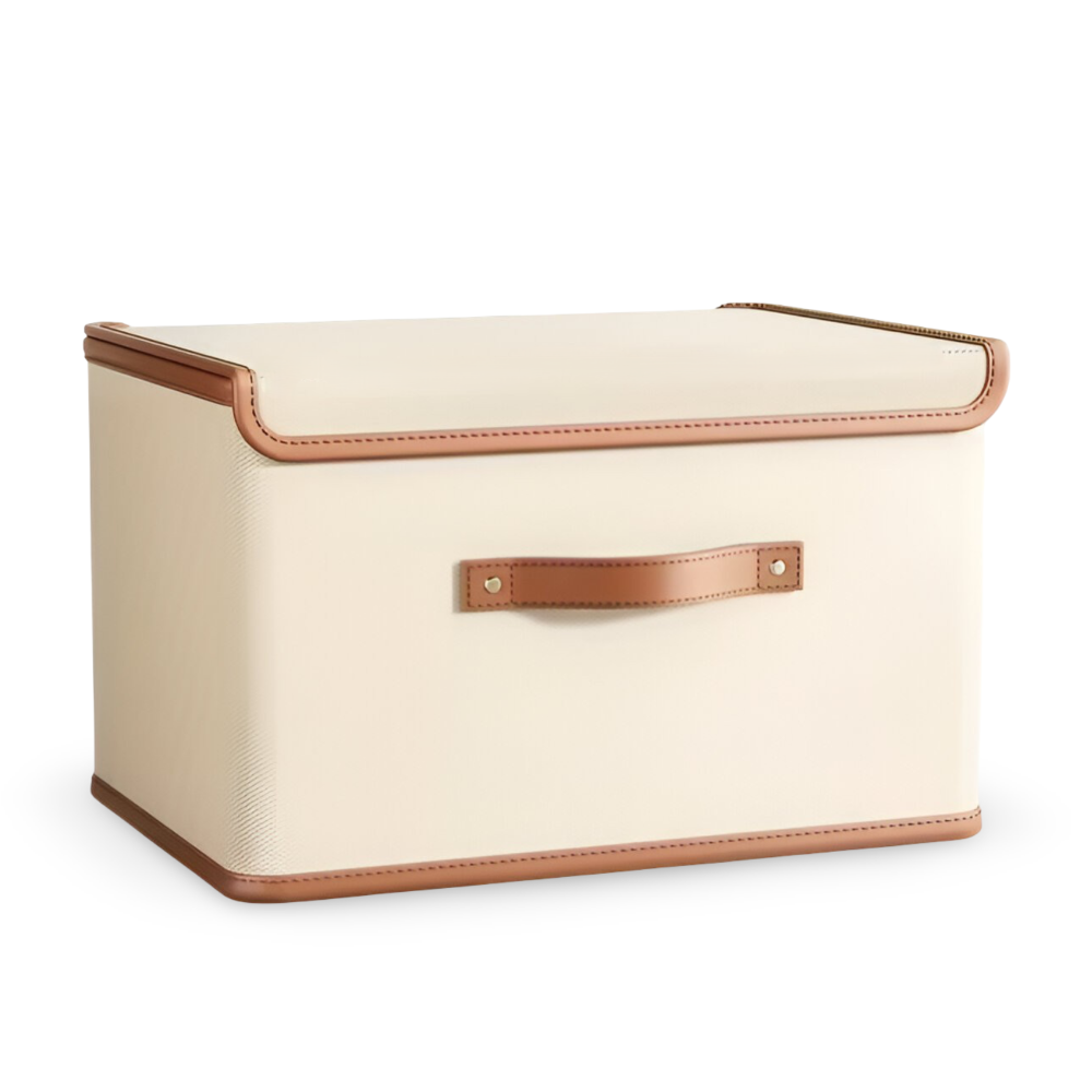 Boîte de rangement pliable avec couvercle et poignées en cuir