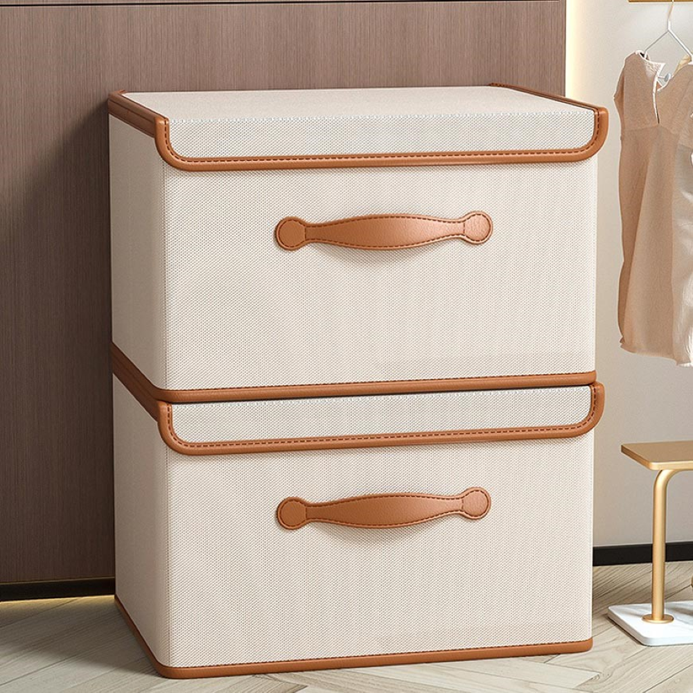Boîte de rangement pliable avec couvercle et poignées en cuir