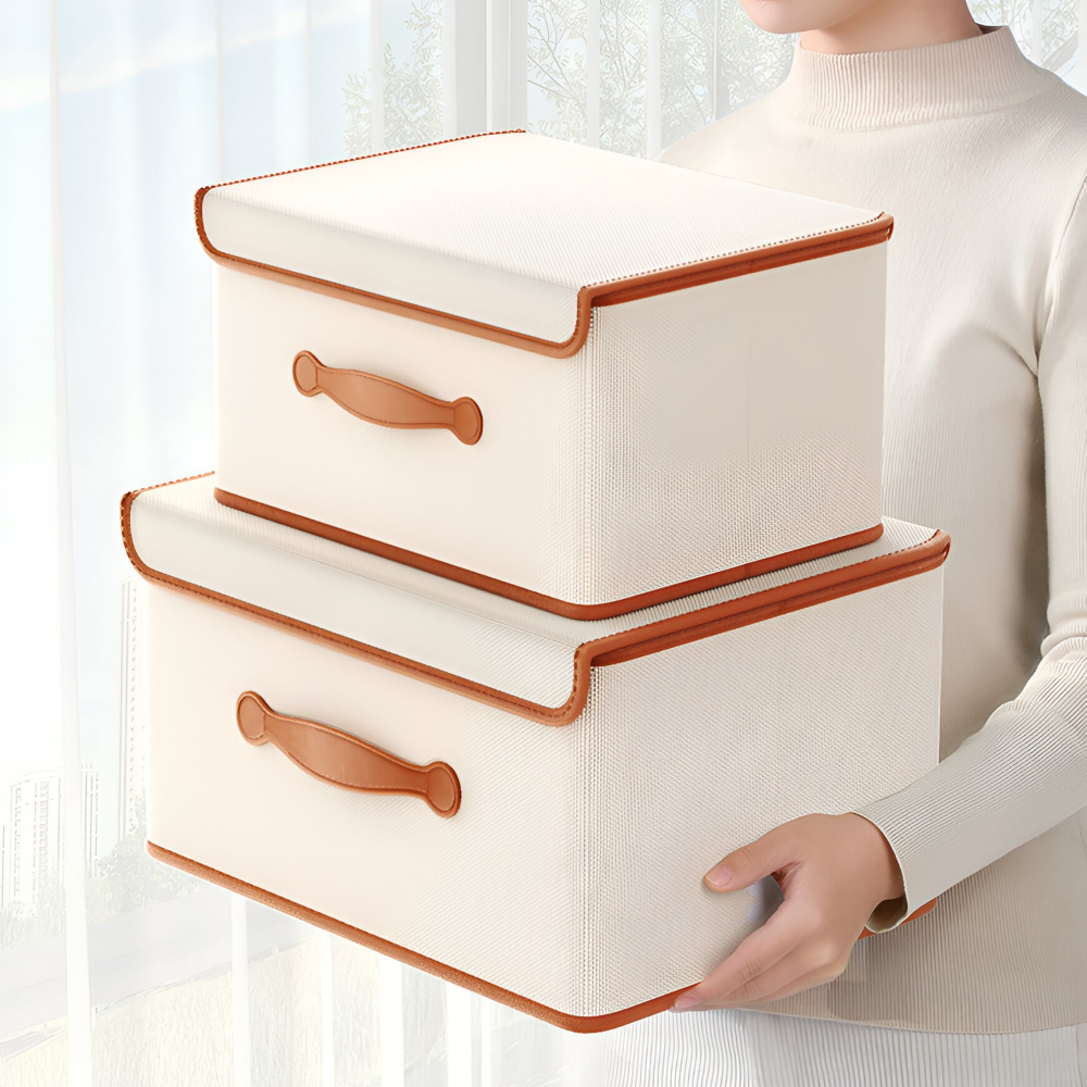 Boîte de rangement pliable avec couvercle et poignées en cuir