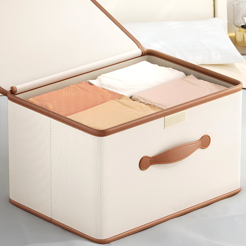 Boîte de rangement pliable avec couvercle et poignées en cuir