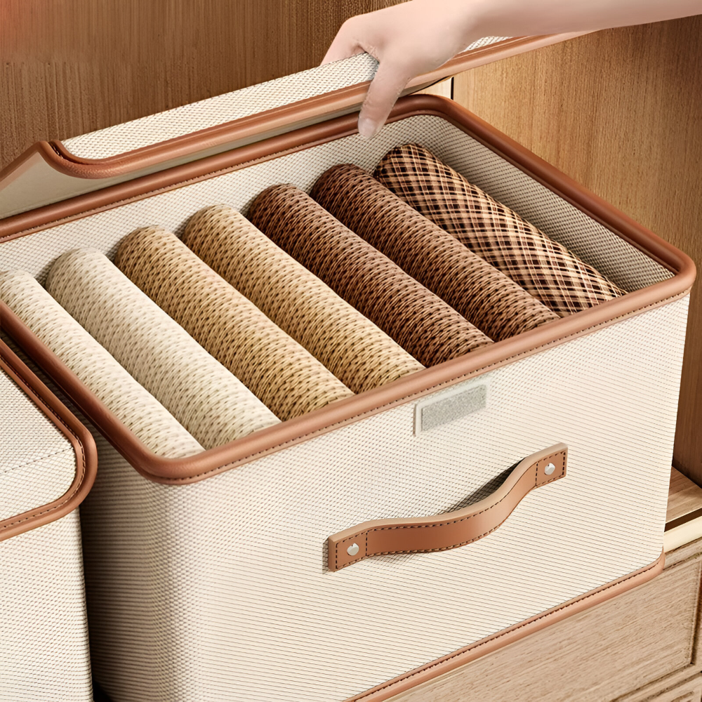 Boîte de rangement pliable avec couvercle et poignées en cuir