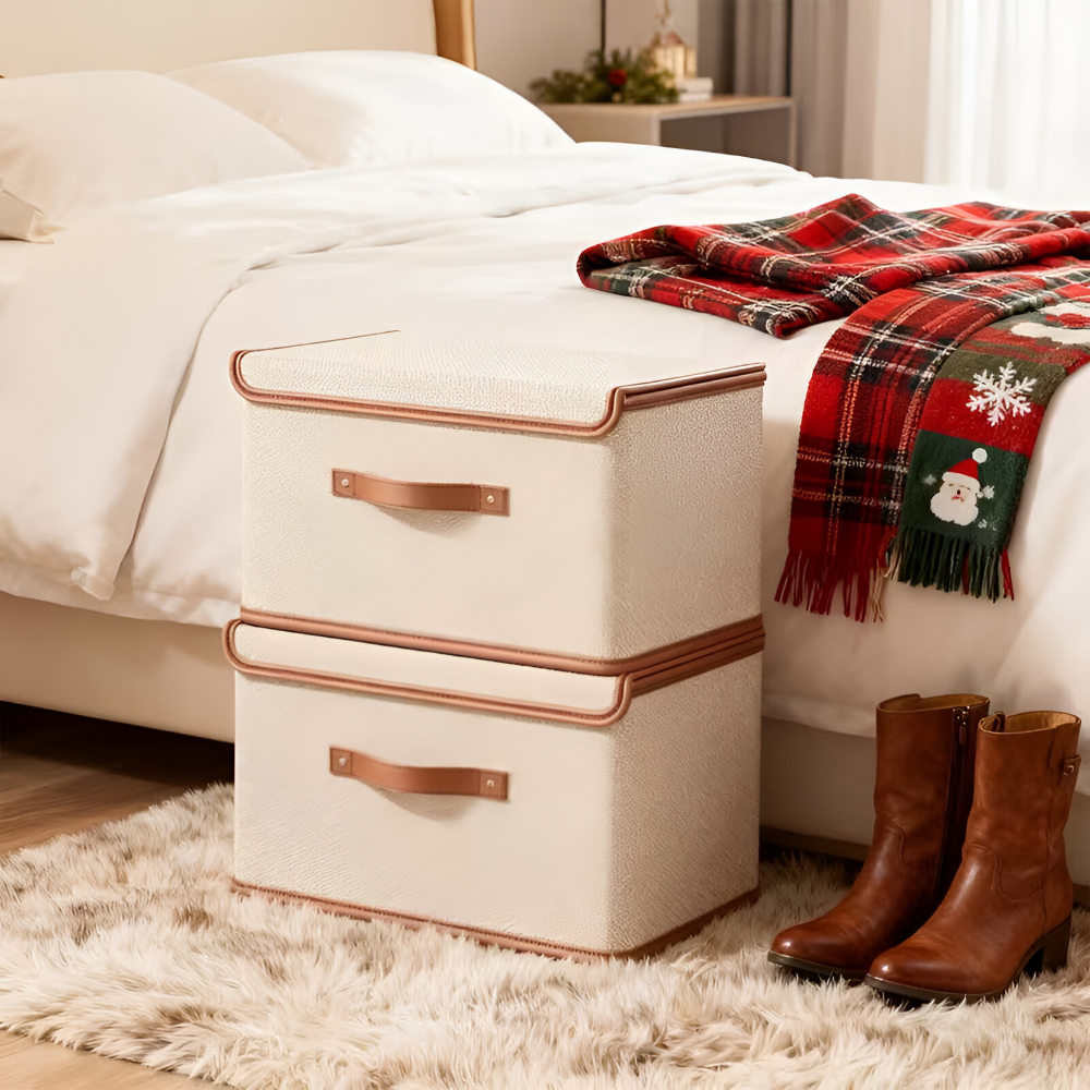 Boîte de rangement pliable avec couvercle et poignées en cuir