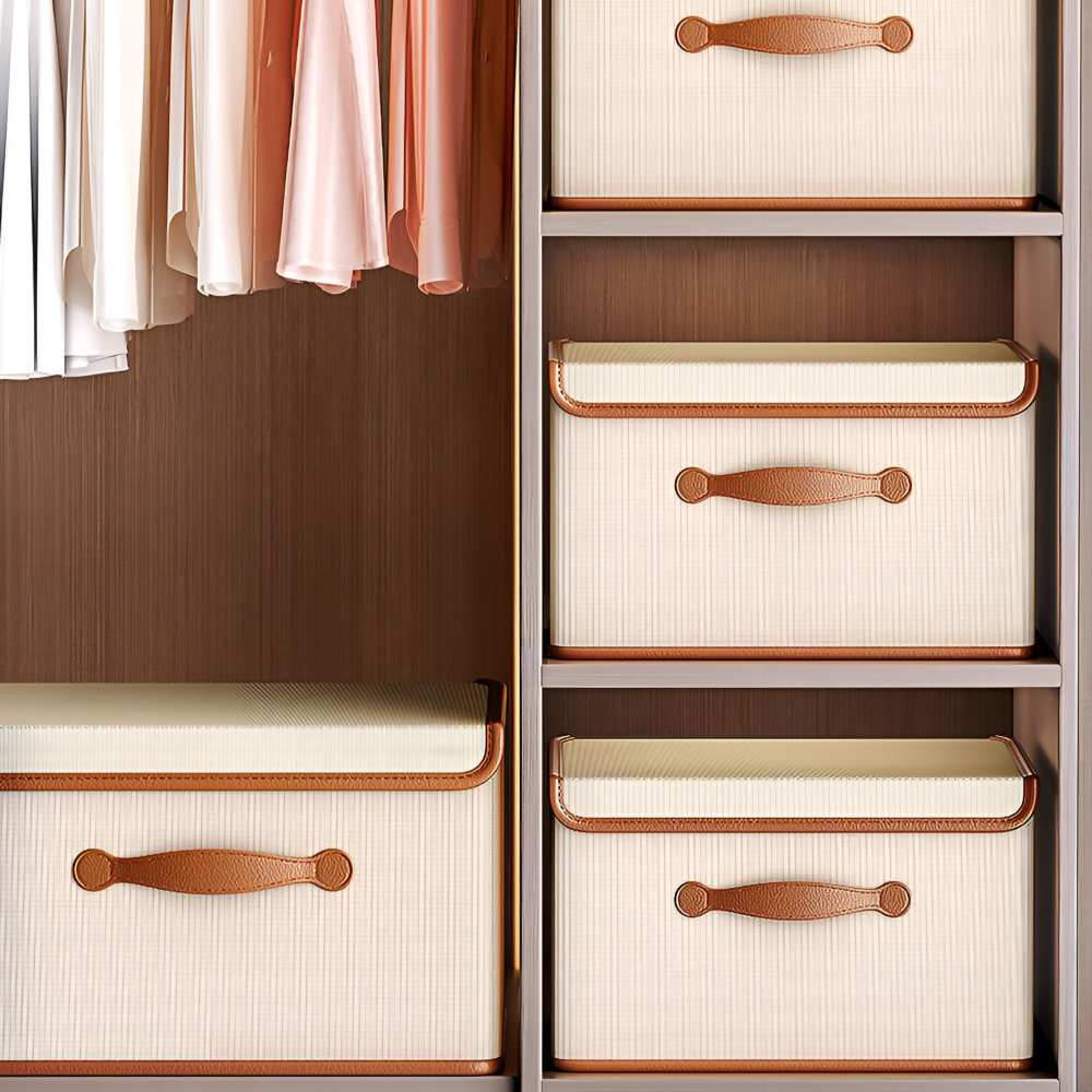 Boîte de rangement pliable avec couvercle et poignées en cuir
