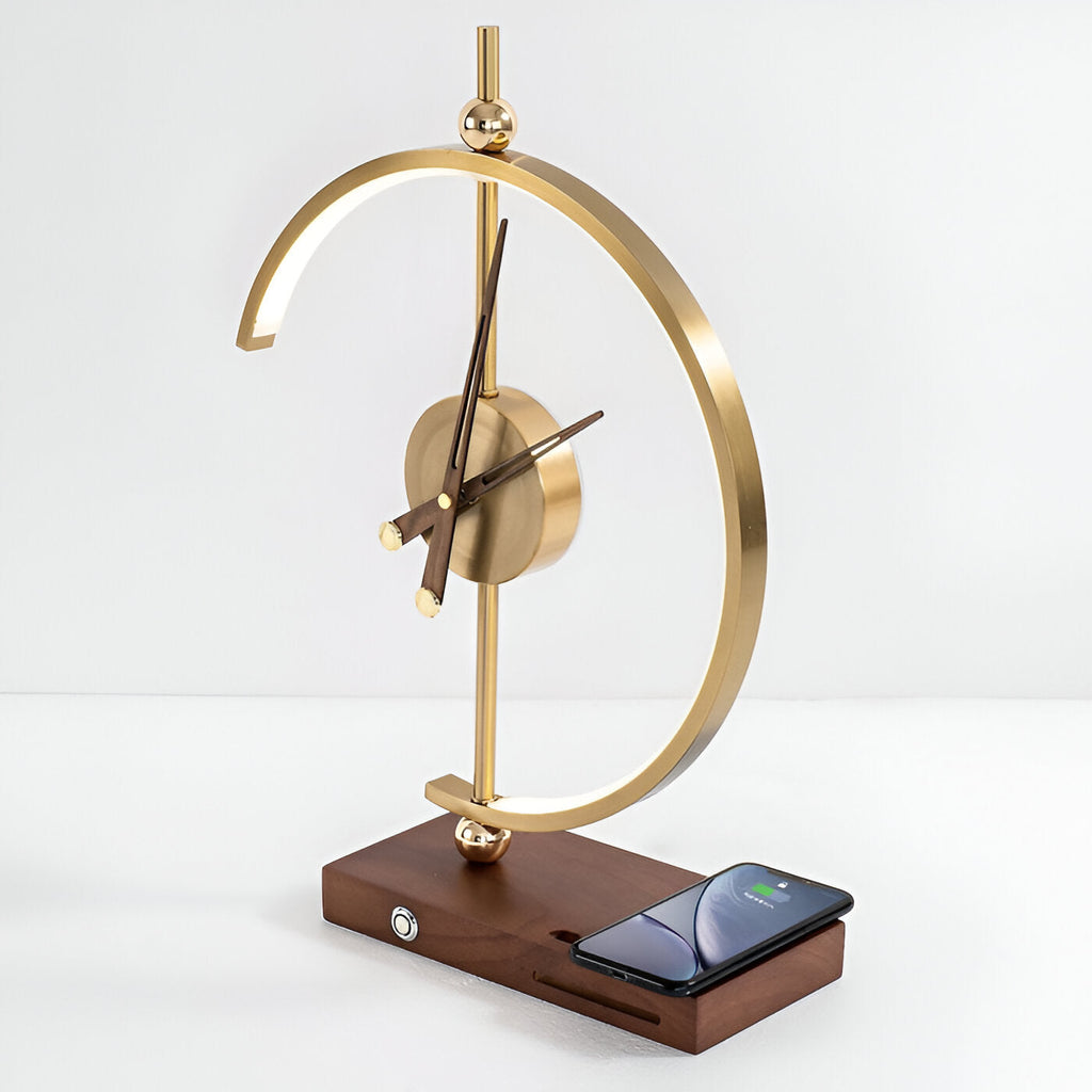 GLux Horloge - Lampe de Bureau LED Temps Doré - Chargeur Qi Sans Fil Géométrique & Horloge