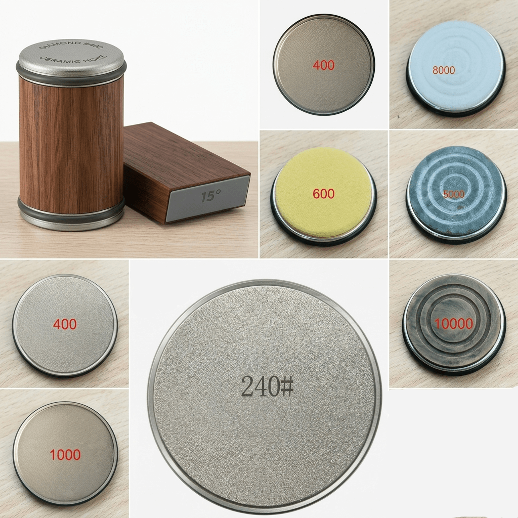 DIASHARP – Ensemble de aiguiseur de couteaux roulant avec meule en diamant et plateforme en bois