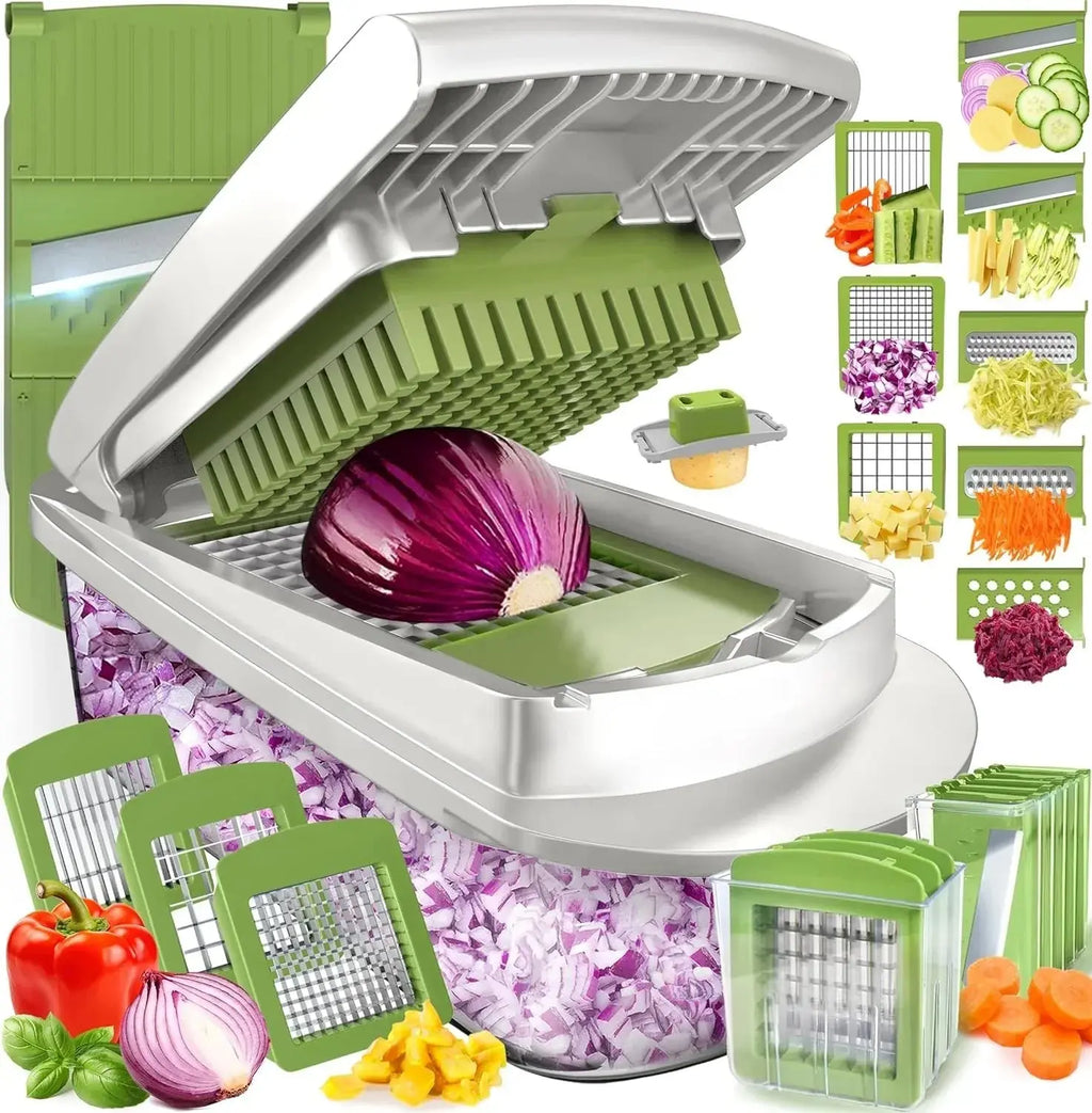 Coupe-légumes | Découpe en dés, tranchage et râpage | Récipient de collecte & support de sécurité | VegiCut