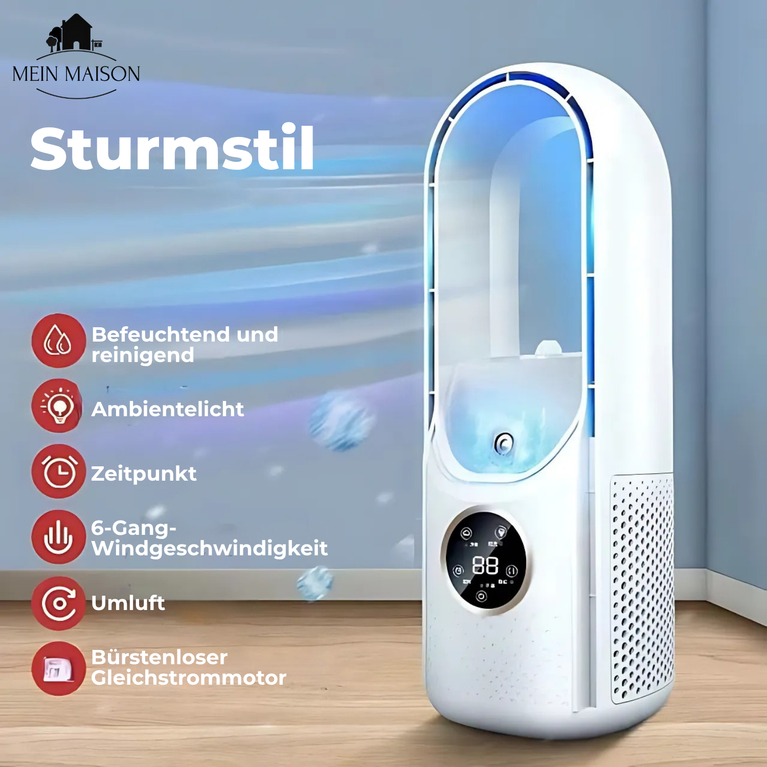 Airevo Refroidisseur d'air | Ventilateur USB sans pales | 6 vitesses | Silencieux & Avec minuterie | Humidification de l'air