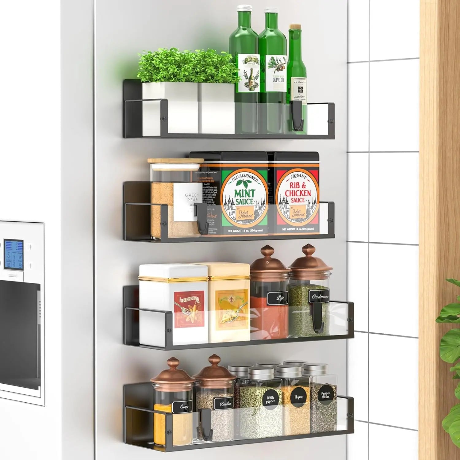 Étagère à épices | 4 pièces, Magnétique – Revêtement en poudre | Pas de perçage nécessaire | KitchenDock