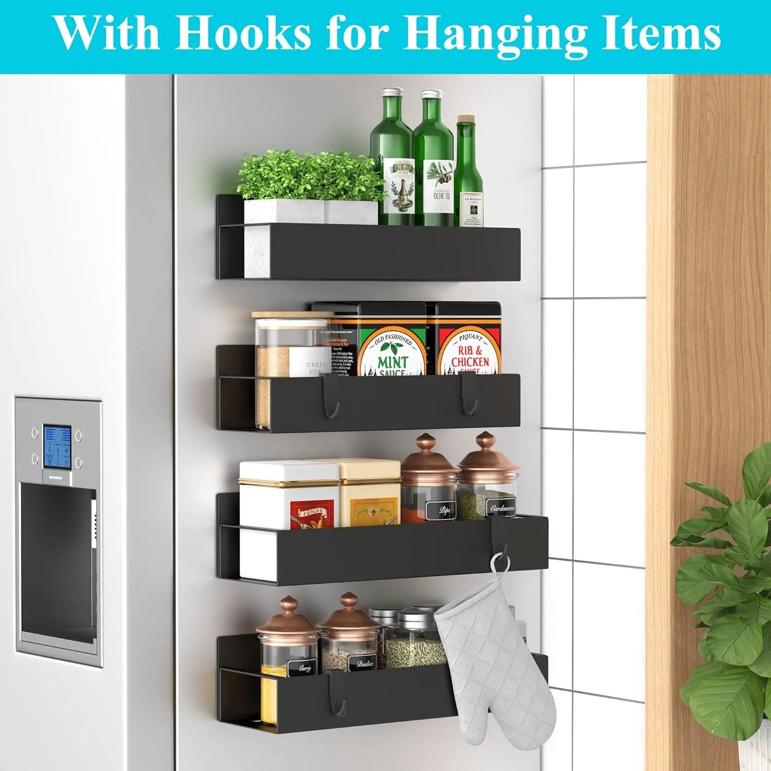 Étagère à épices | 4 pièces, Magnétique – Revêtement en poudre | Pas de perçage nécessaire | KitchenDock