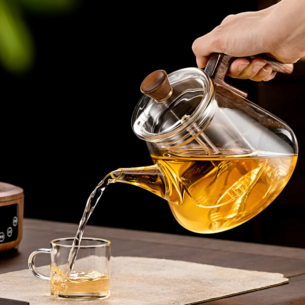 Théière en verre 900ml avec infuseur - Théière en verre borosilicaté avec poignée en bois et couvercle
