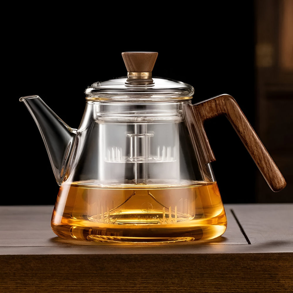 Théière en verre 900ml avec infuseur - Théière en verre borosilicaté avec poignée en bois et couvercle
