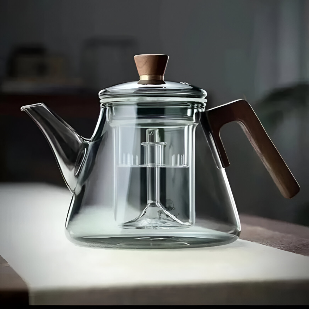 Théière en verre 900ml avec infuseur - Théière en verre borosilicaté avec poignée en bois et couvercle