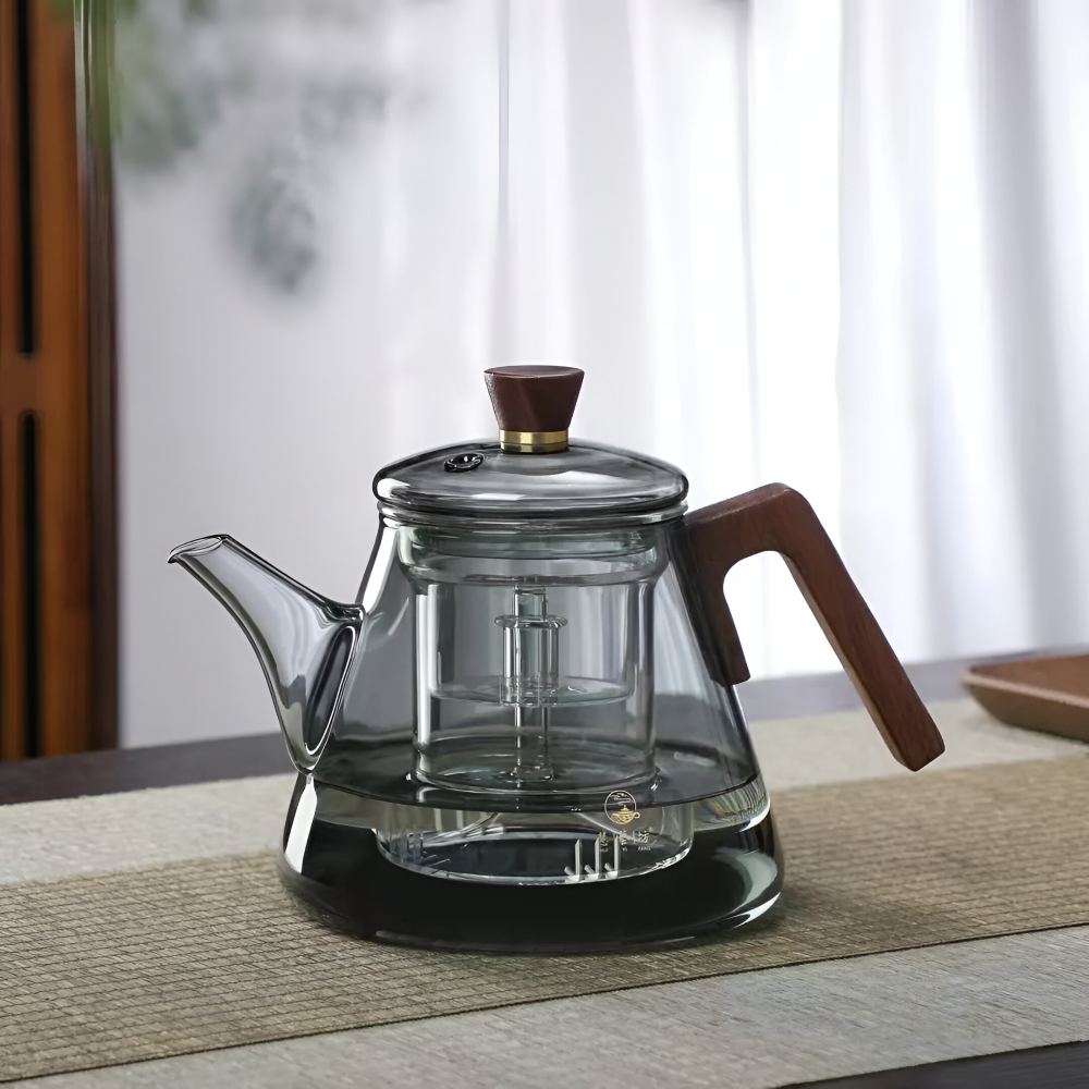 Théière en verre 900ml avec infuseur - Théière en verre borosilicaté avec poignée en bois et couvercle