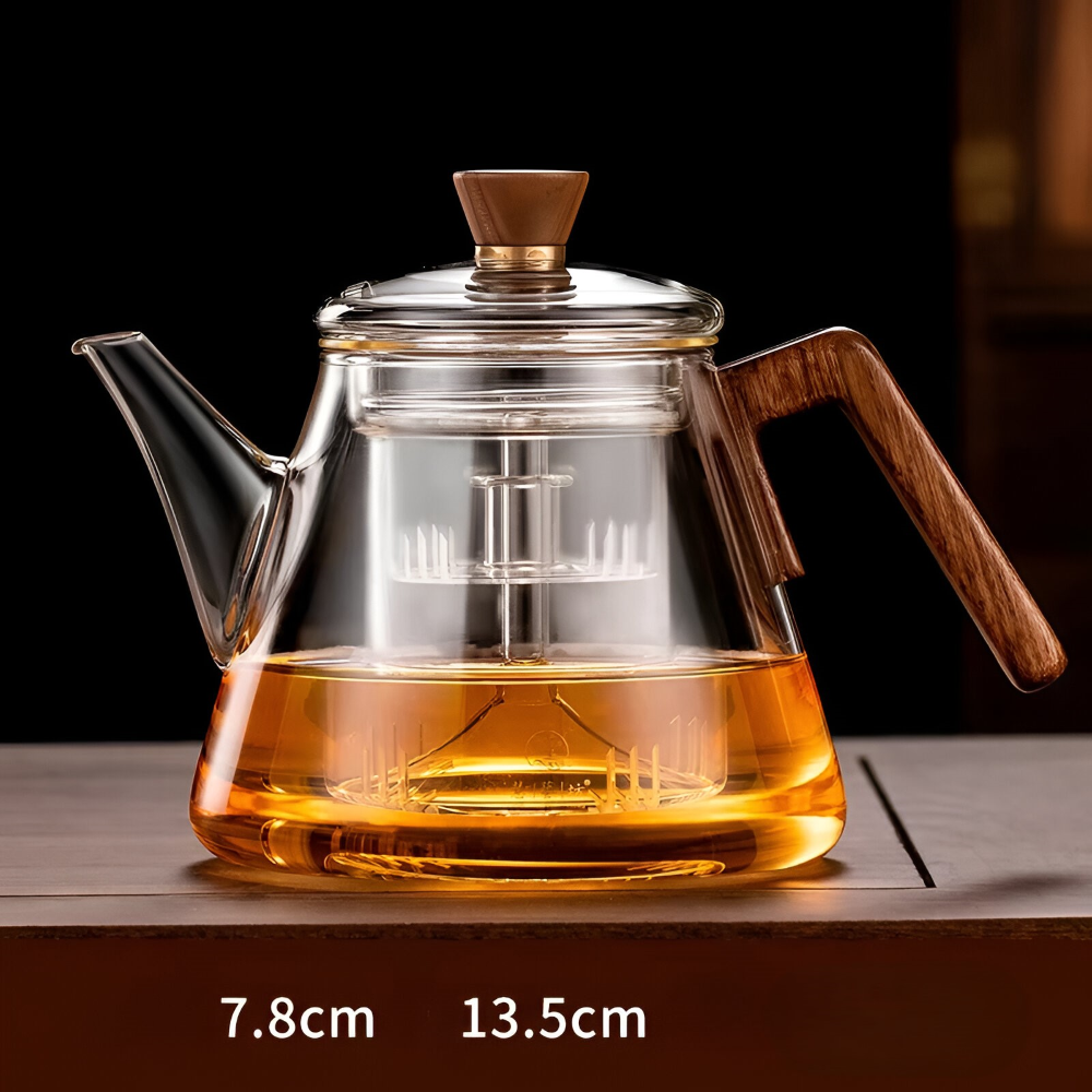 Théière en verre 900ml avec infuseur - Théière en verre borosilicaté avec poignée en bois et couvercle