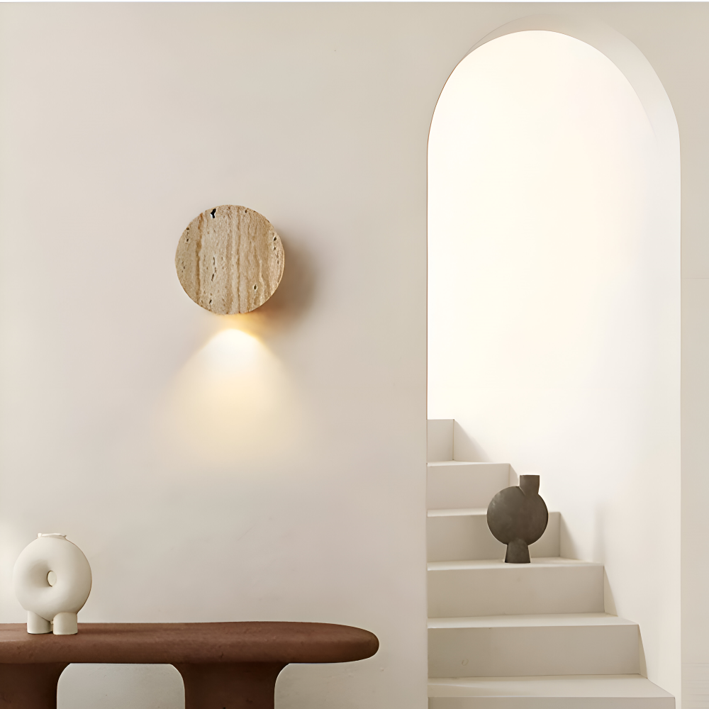 Applique murale ronde en marbre – lampe LED beige au design wabi sabi