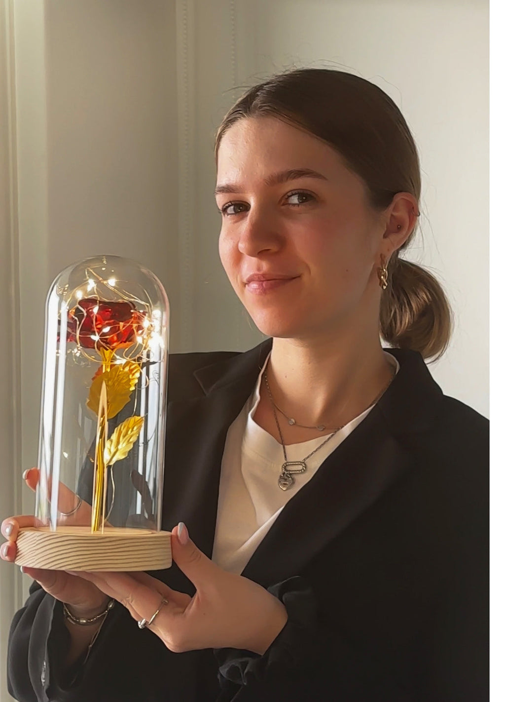 Lampe de Table Décorative LED avec Dôme en Verre et Rose
