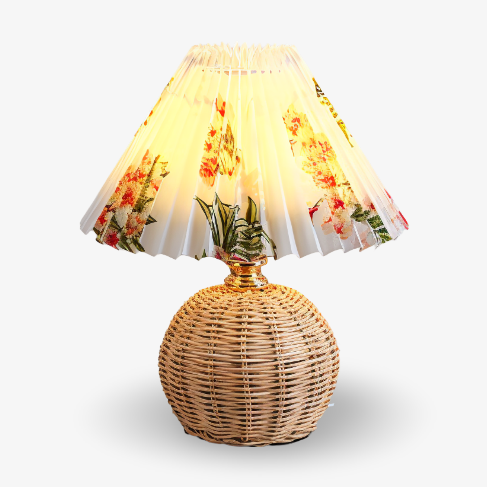 RaffiaGlow – Lampe de Table Plissée en Rotin au Design Rétro